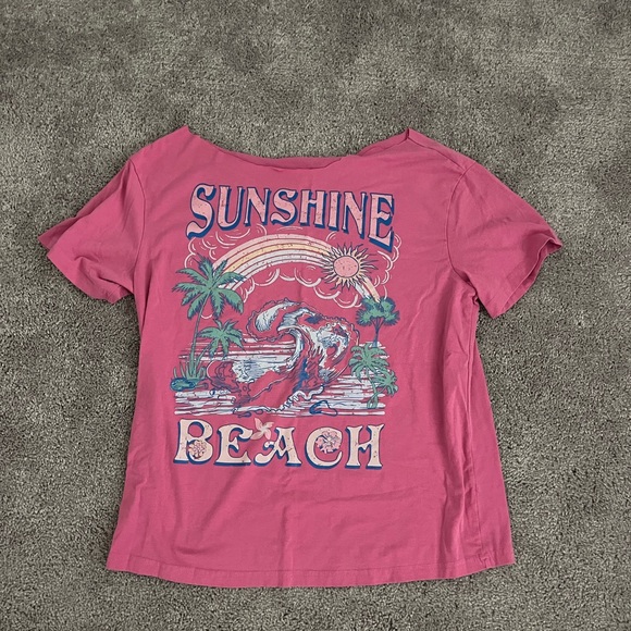 SHEIN Tops - Pink graphic sunset beach oversized off the shoulder cut tee shirt